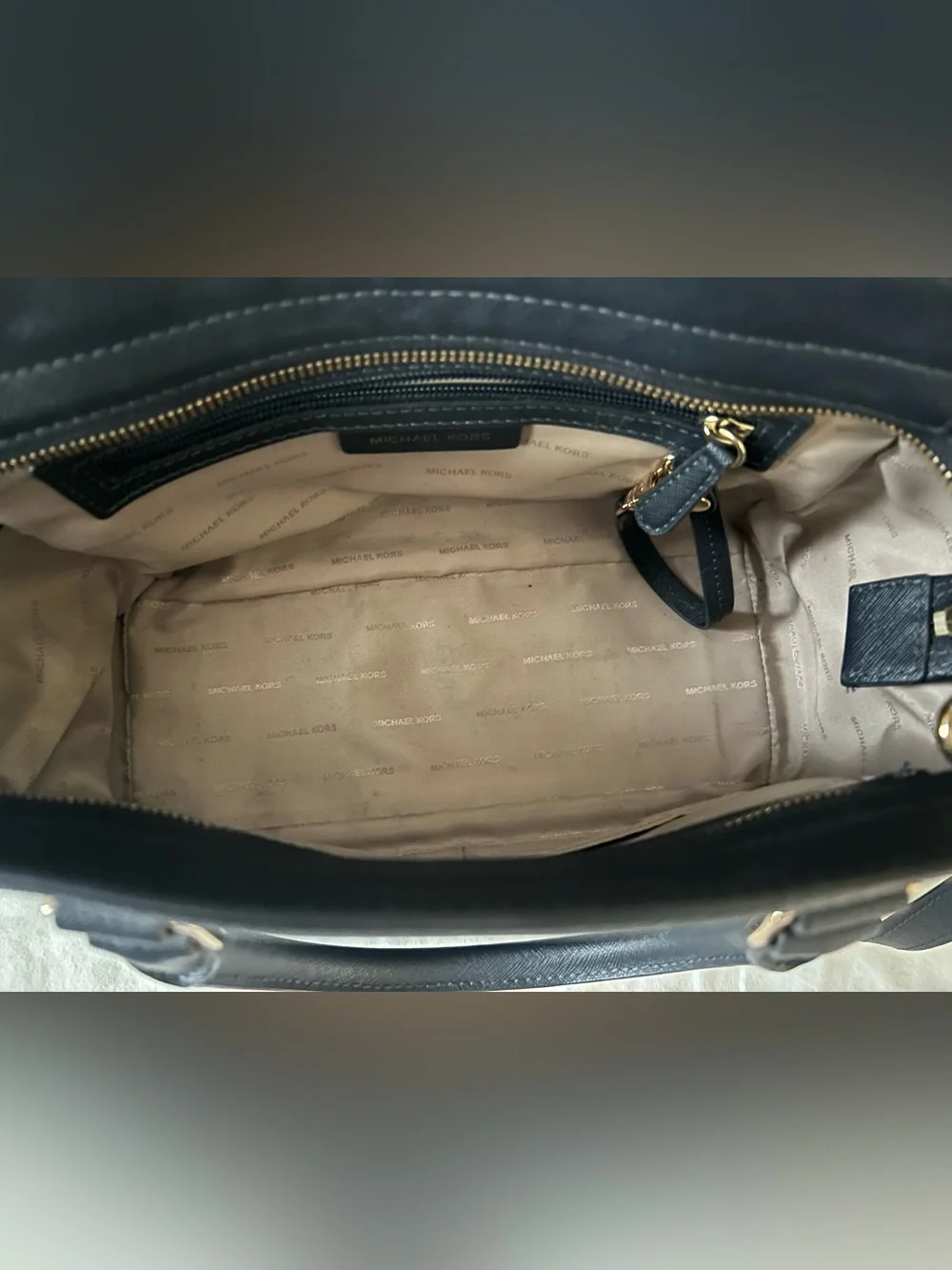Michael Kors Navy Saffiano Leather Satchel with Gold Hardware